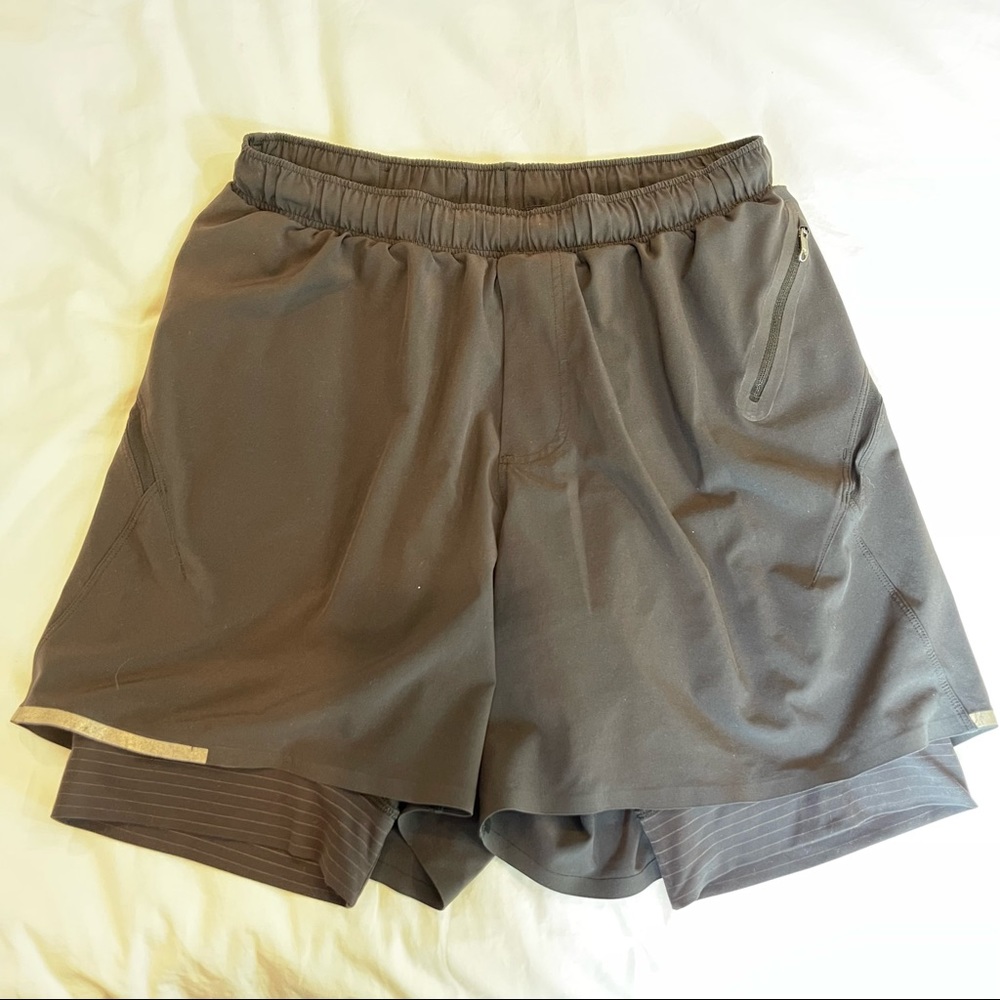 Lululemon Men’s Surge Lined 6” Workout Shorts with built in compression 
- Large